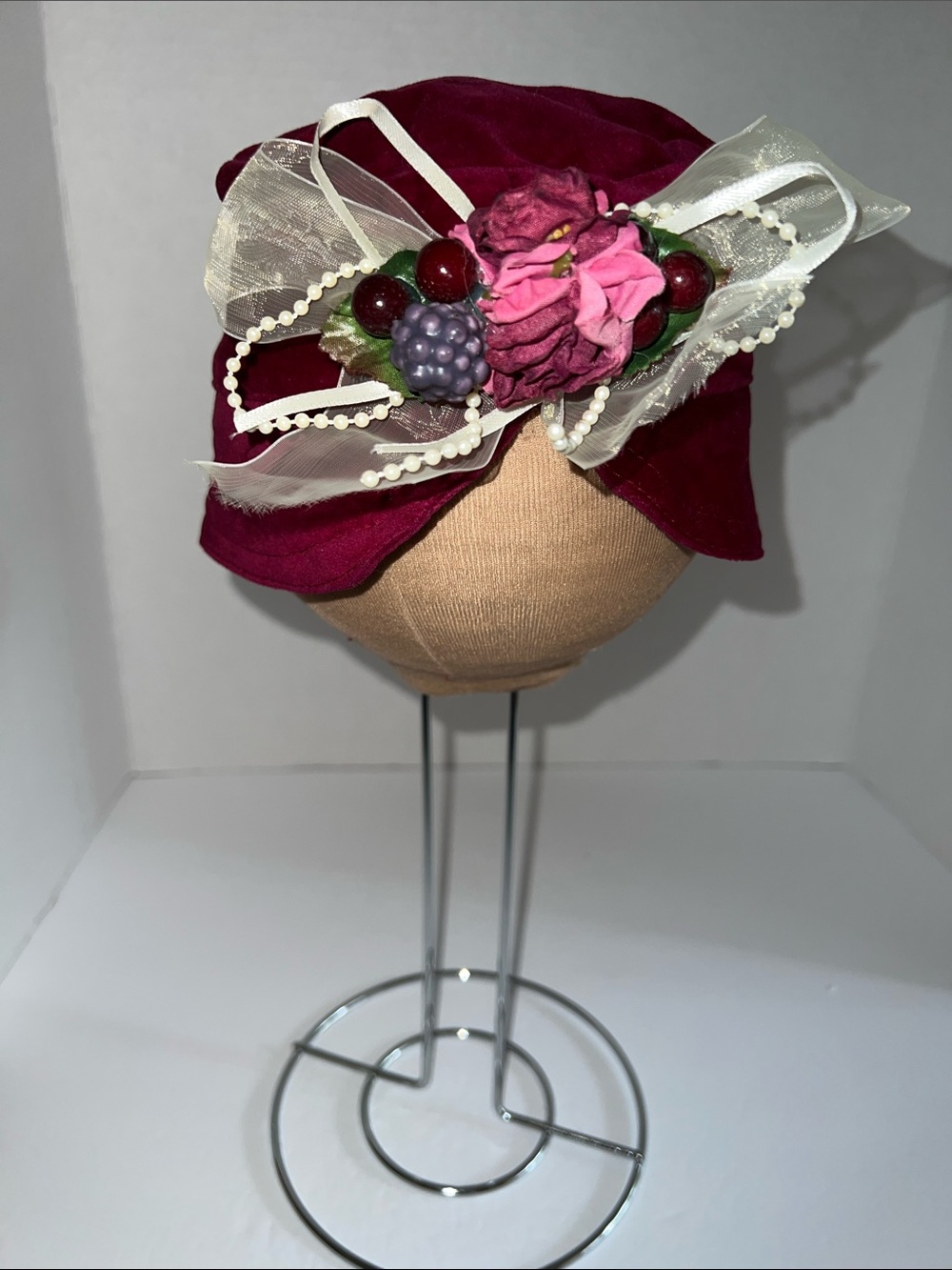 Vintage NOS Burgundy Floral Headpiece with Hat
12-24M